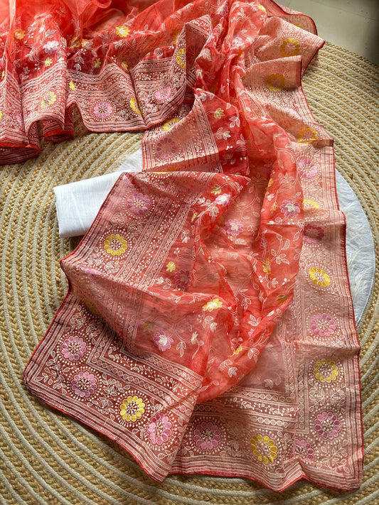 Organza printed Saree With Kashmiri Thread Work Saree
