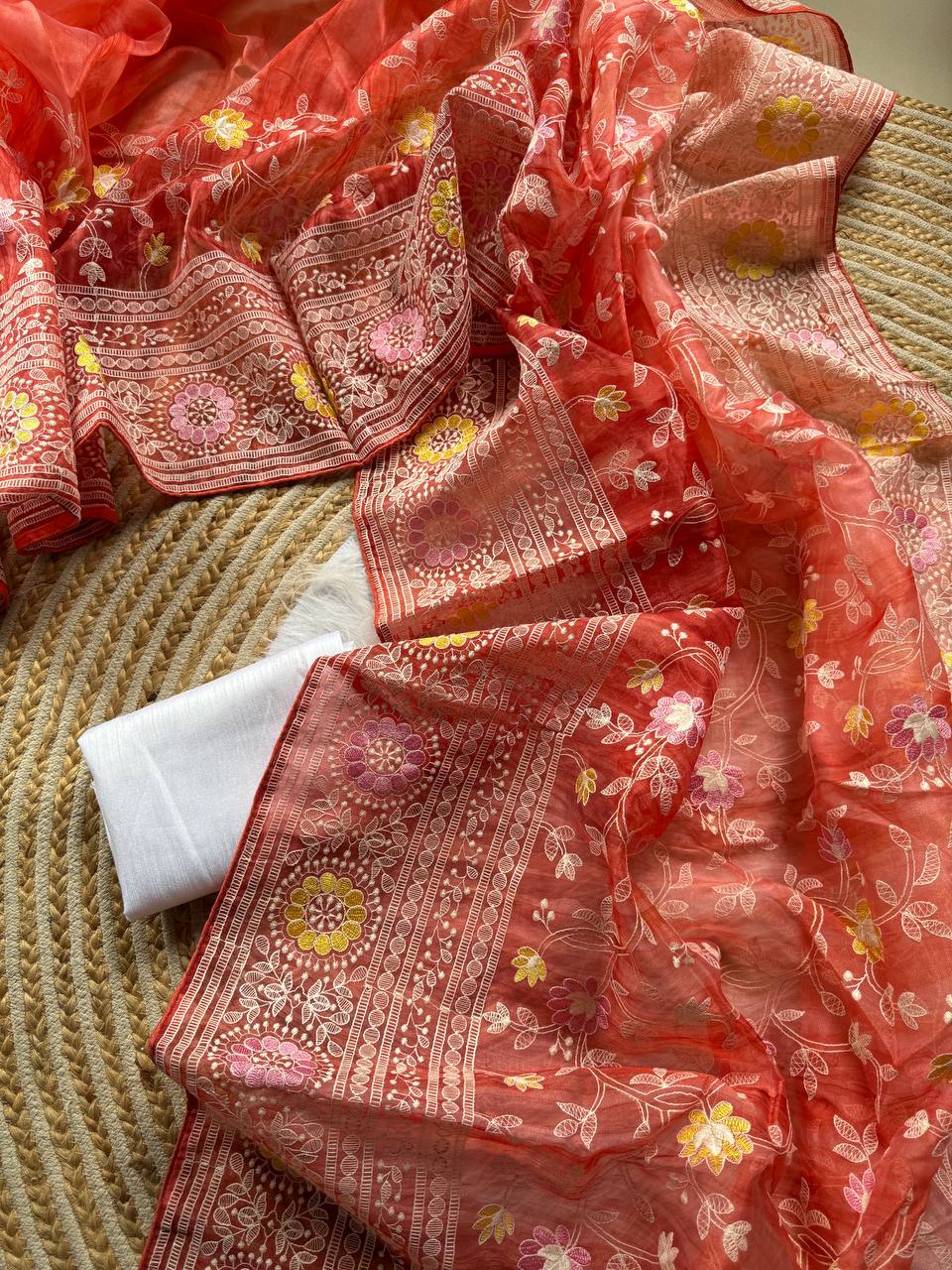 Organza printed Saree With Kashmiri Thread Work Saree