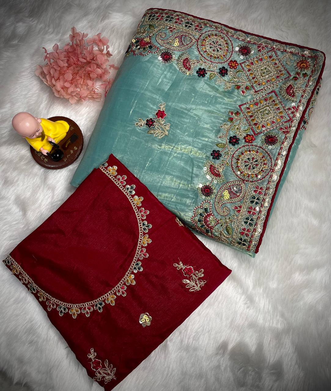 Gold crush fabric with c pallu coding sequence multi thread embroidery work saree