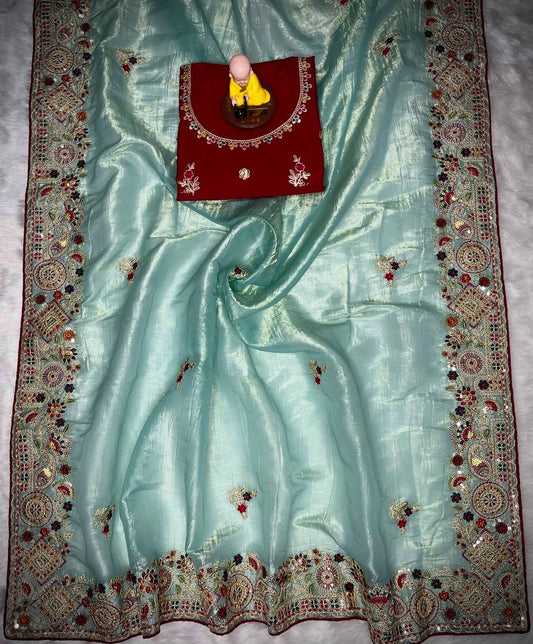 Gold crush fabric with c pallu coding sequence multi thread embroidery work saree