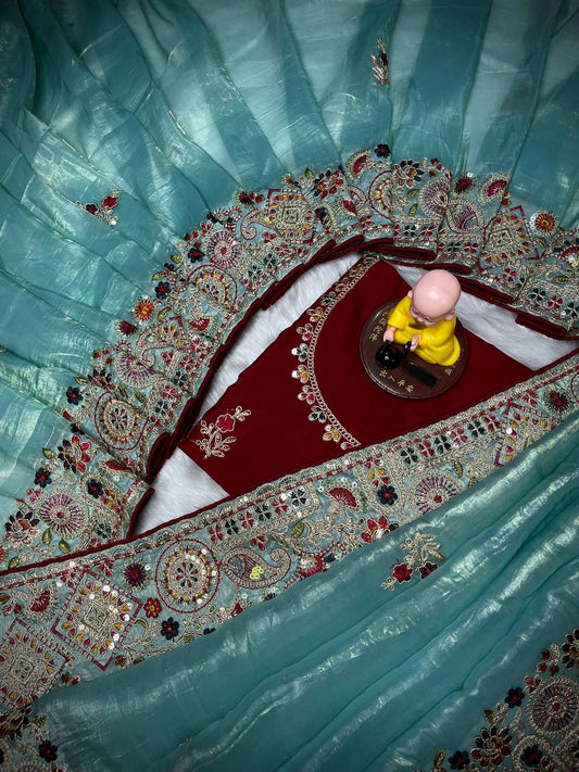 Gold crush fabric with c pallu coding sequence multi thread embroidery work saree