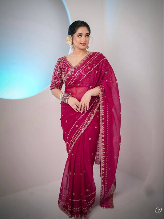 Soft Space Silk Sequance and Zari Embroidery Work Saree