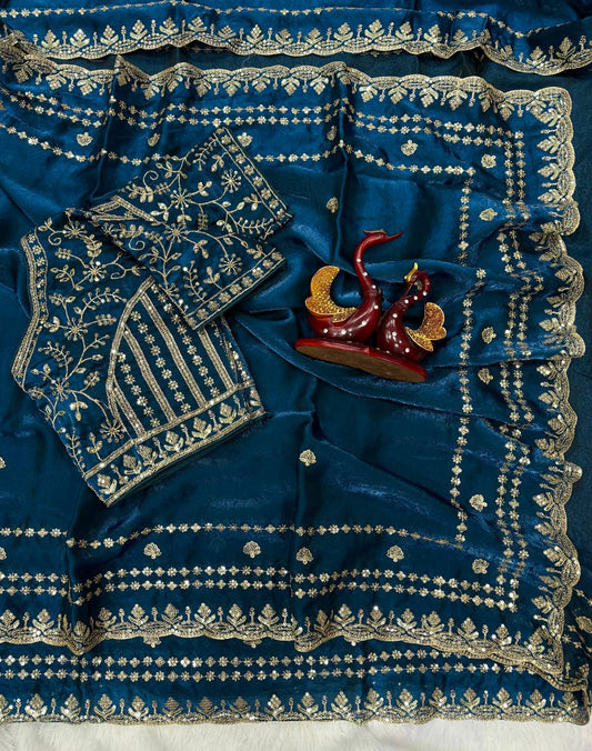 Soft Space Silk Sequance and Zari Embroidery Work Saree