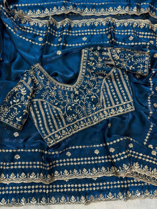 Soft Space Silk Sequance and Zari Embroidery Work Saree