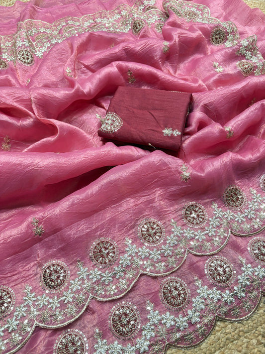 Premium Gold crush with c pallu embroidery work and multi Thread work Saree