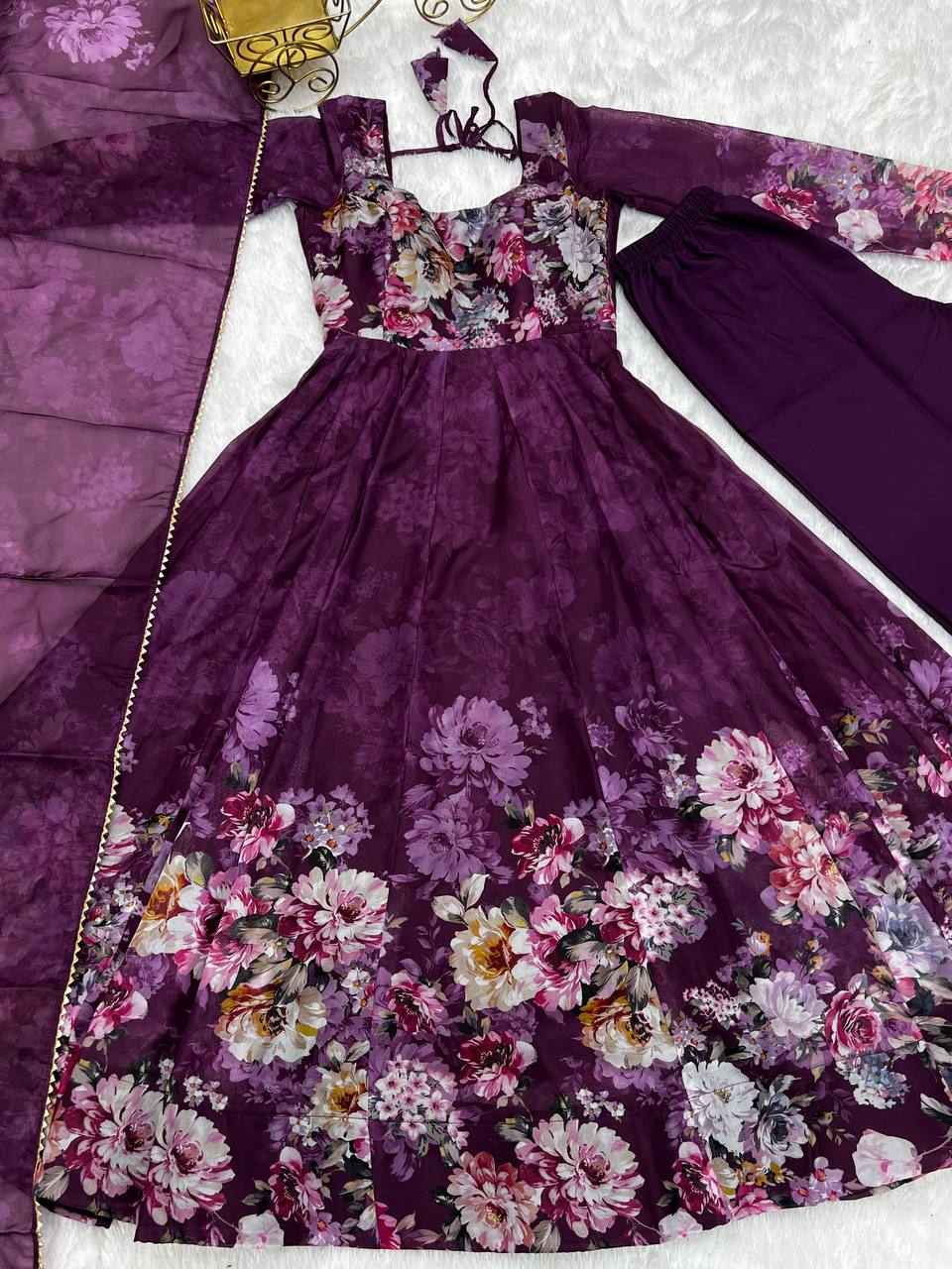 PURE SOFT ORGANJA SILK FABRIC FULLY FLAIR KALI PATTERN AND CANVAS PATTA GOWN