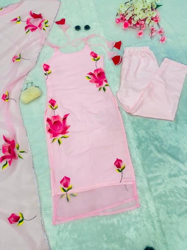 Floral Handpainted georgette kurta with tassels
