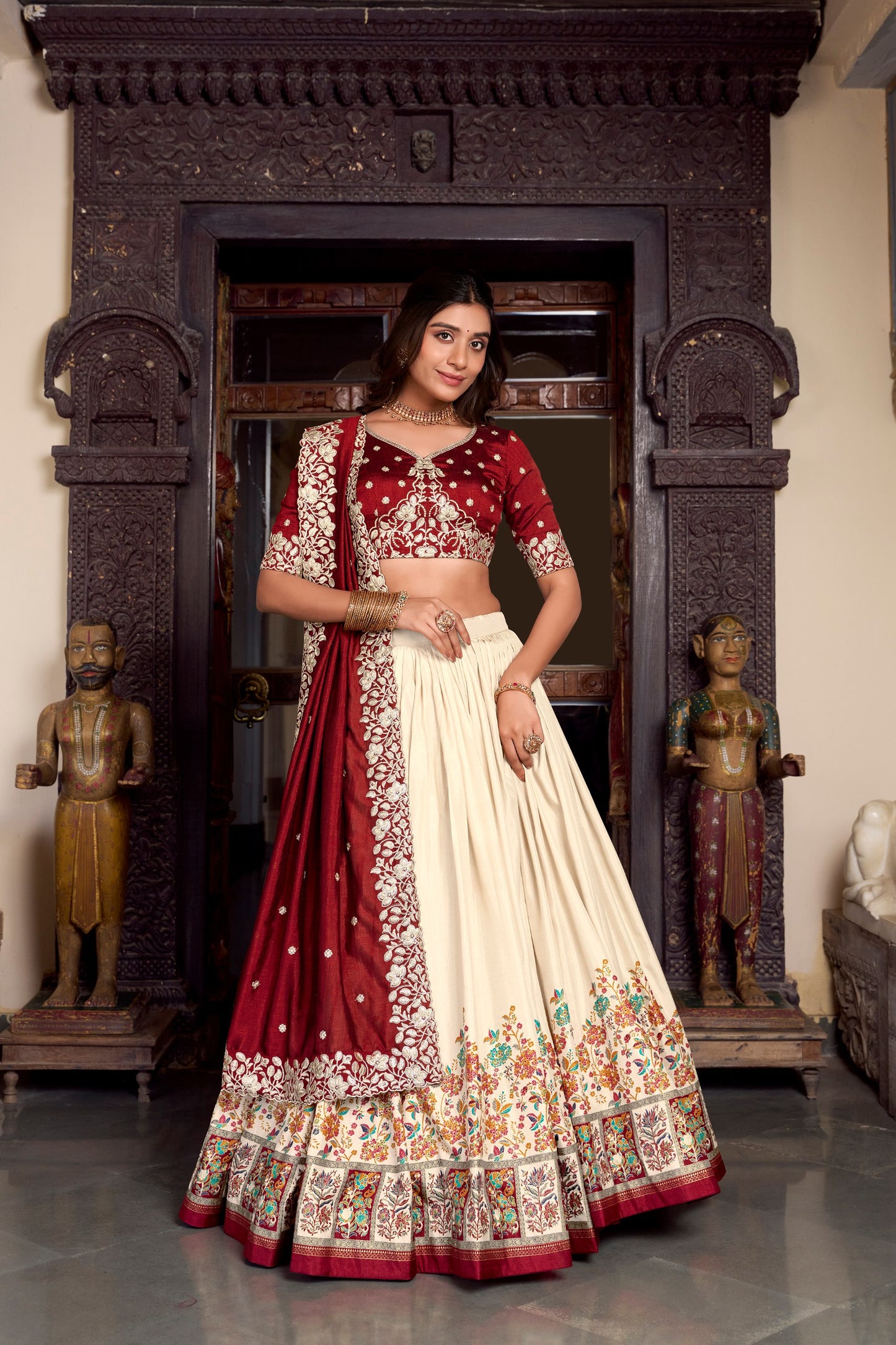 Tussar Silk Printed With Foil Work Lehenga