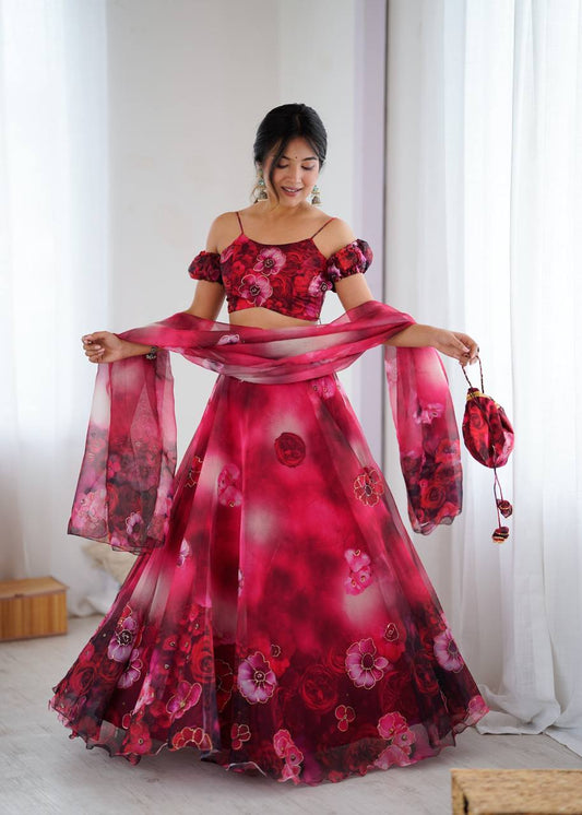 Pure Organza digital Print Jari work lehnga