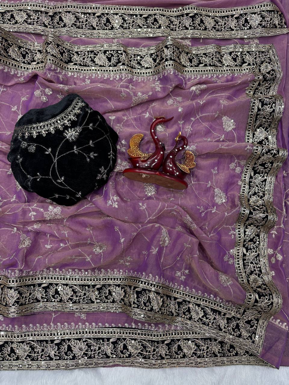 Moss silk Beautiful Sequence and Zari work Embroidery with velvet lace border saree