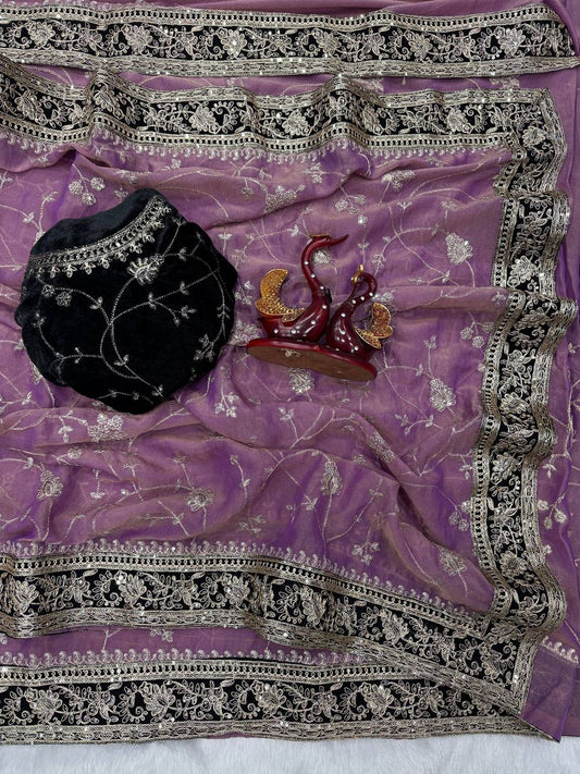 Moss silk Beautiful Sequence and Zari work Embroidery with velvet lace border saree