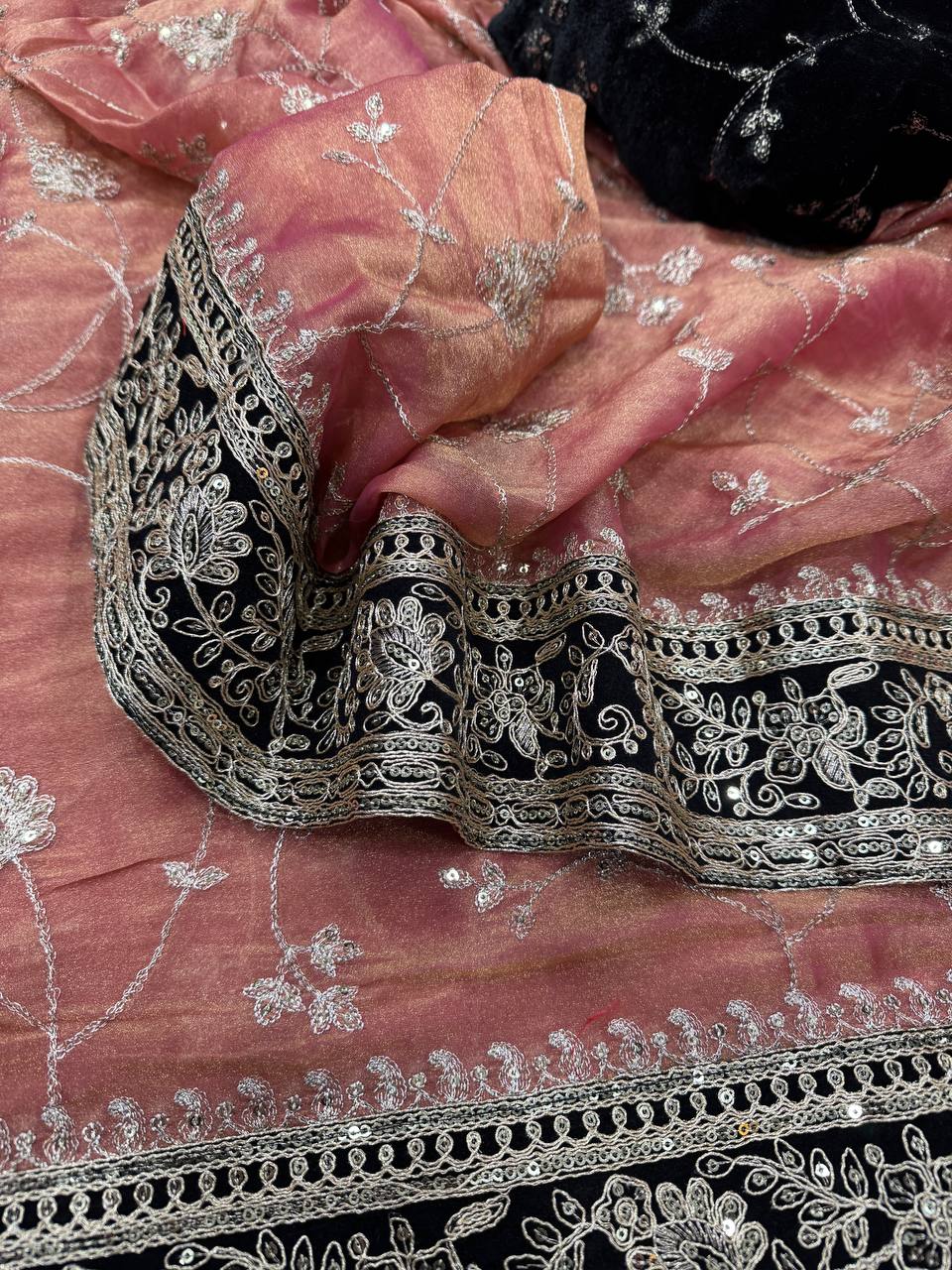 Moss silk Beautiful Sequence and Zari work Embroidery with velvet lace border saree