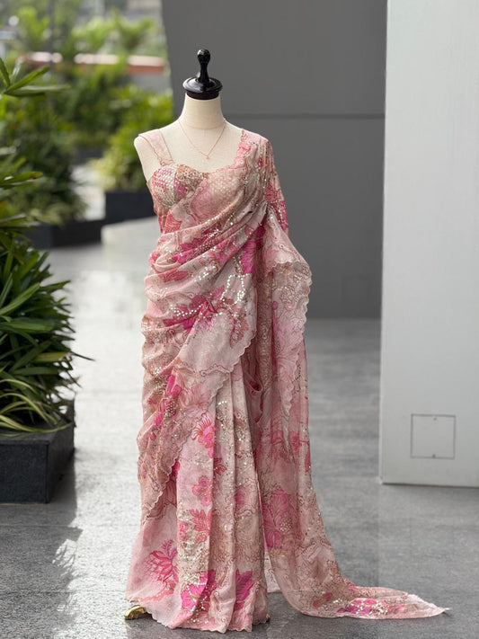 Pure Organza digital printed saree with Sequins work