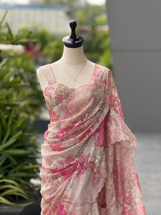 Pure Organza digital printed saree with Sequins work