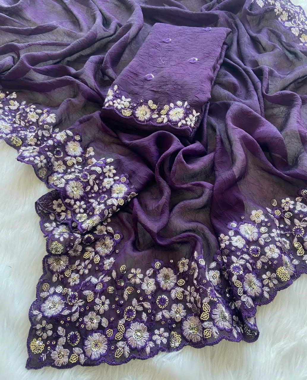 Crush Silk Saree With Fancy Sequince Embroderiy Work Choli