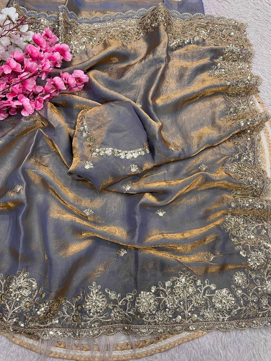 Fendy Sattin With Coding sequence embroidery blouse Saree