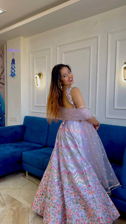 Heavy satin silk lehenga with sequins & thread work lehenga