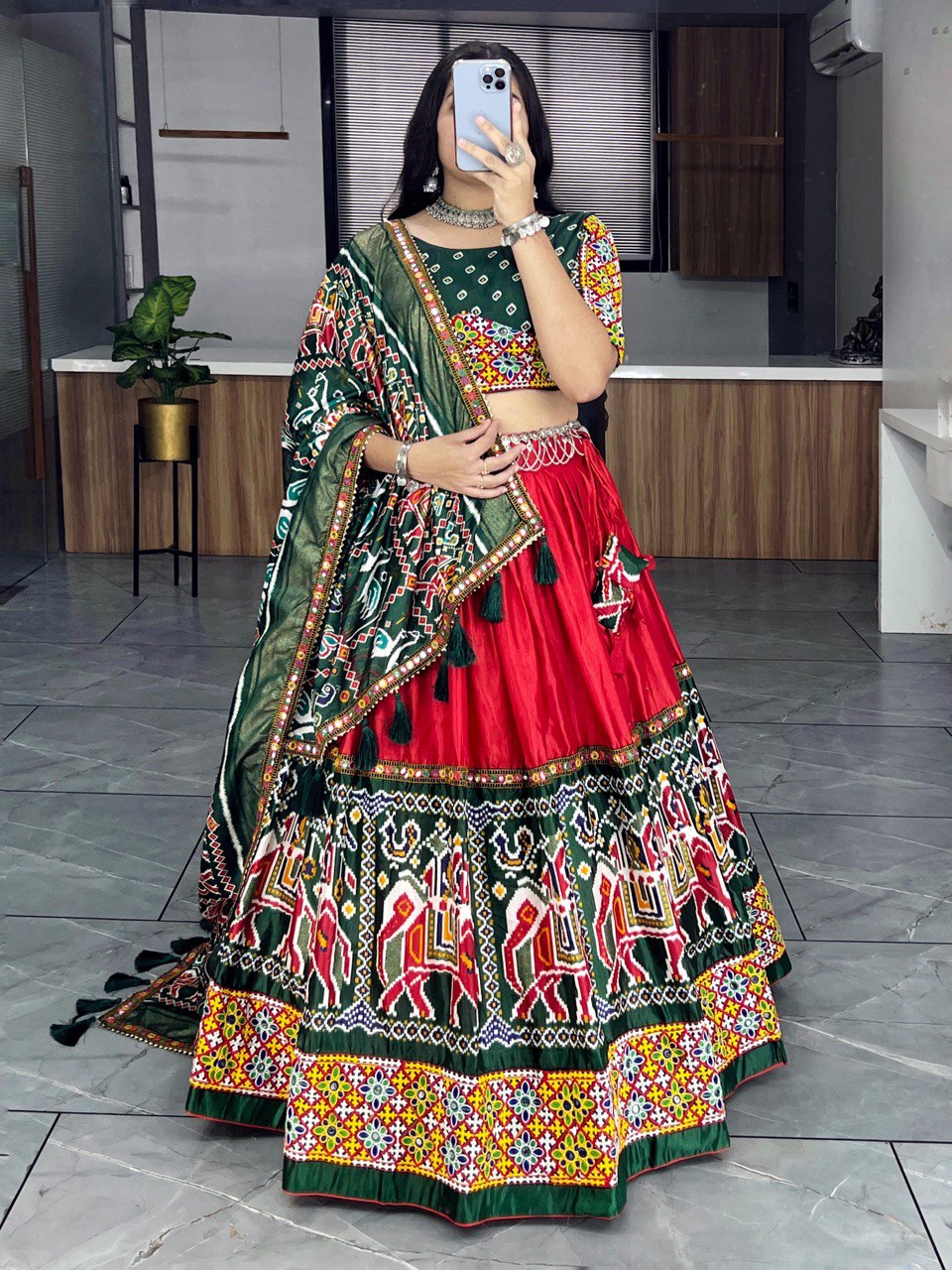 Dola Silk Patola and paithni Print with Mirror Work Lehenga