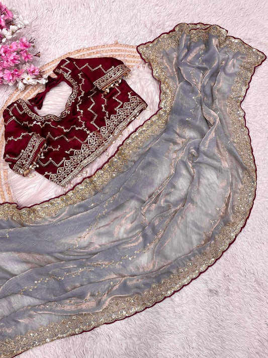Fendy Chiffon two ton fully stitched Coding sequence embroidery blouse saree