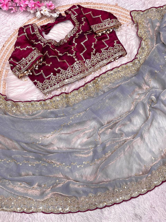 Fendy Chiffon two ton fully stitched Coding sequence embroidery blouse saree