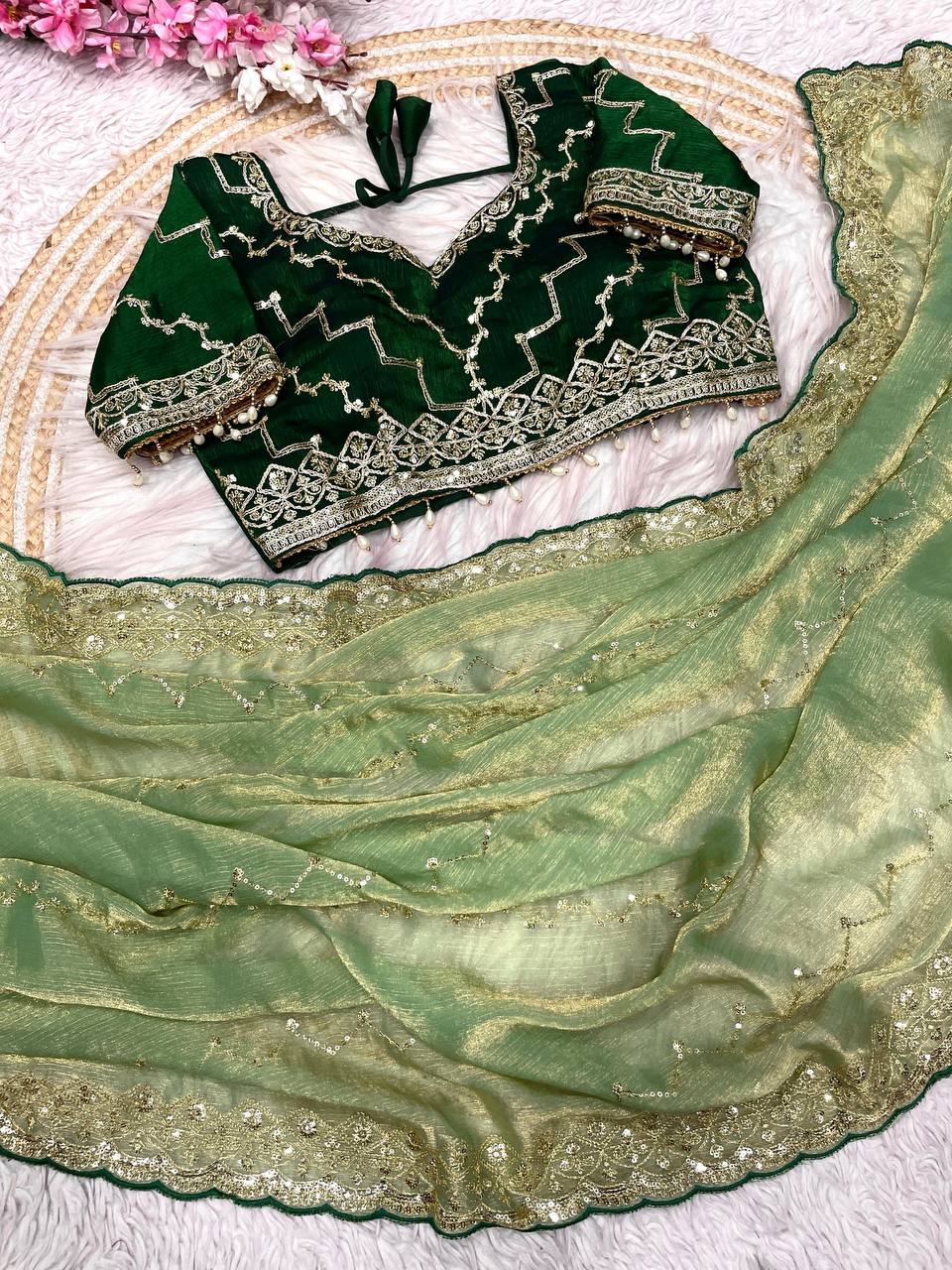 Fendy Chiffon two ton fully stitched Coding sequence embroidery blouse saree