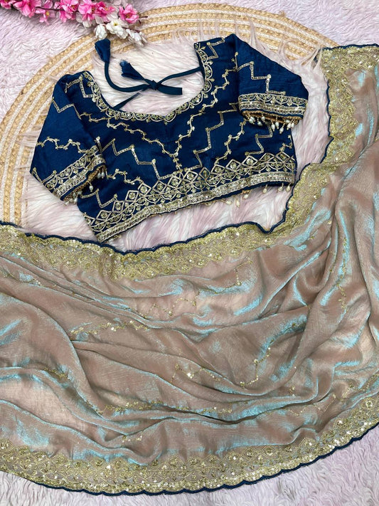 Fendy Chiffon two ton fully stitched Coding sequence embroidery blouse saree