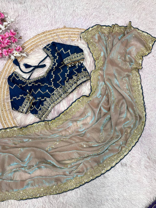 Fendy Chiffon two ton fully stitched Coding sequence embroidery blouse saree