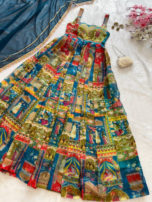 Pure organza silk digital printed padded gown