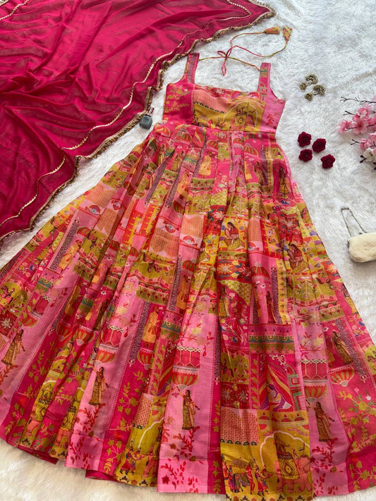 Pure organza silk digital printed padded gown