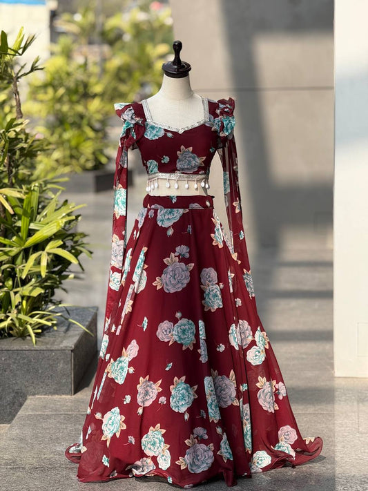 Printed georgette lehnga with canvas patta and waist dori fully stitched