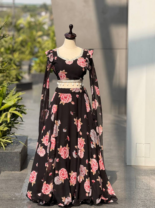 Printed georgette lehnga with canvas patta and waist dori fully stitched