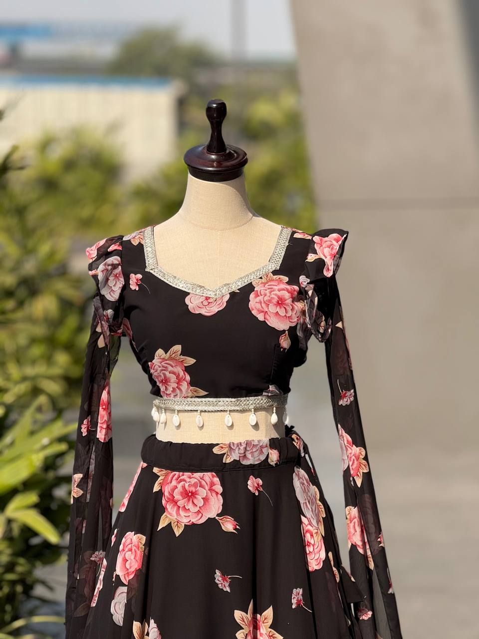 Printed georgette lehnga with canvas patta and waist dori fully stitched