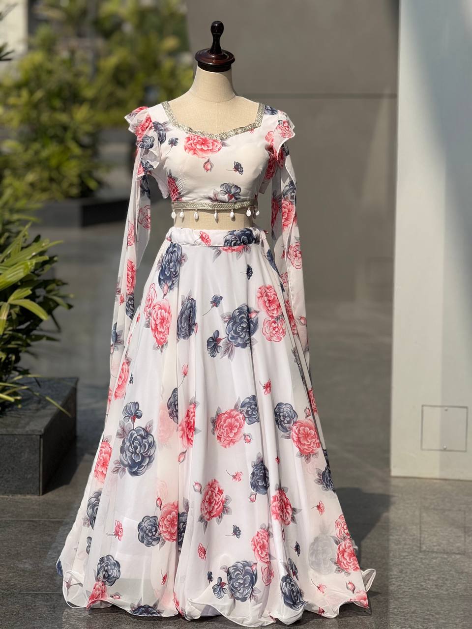 Printed georgette lehnga with canvas patta and waist dori fully stitched