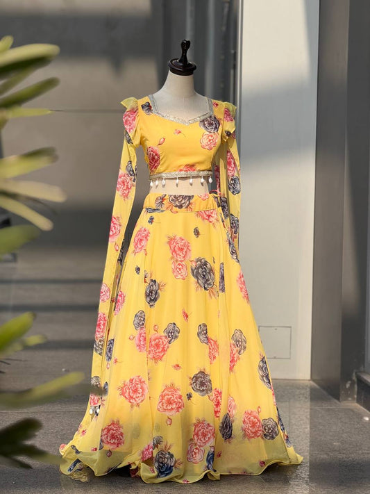 Printed georgette lehnga with canvas patta and waist dori fully stitched