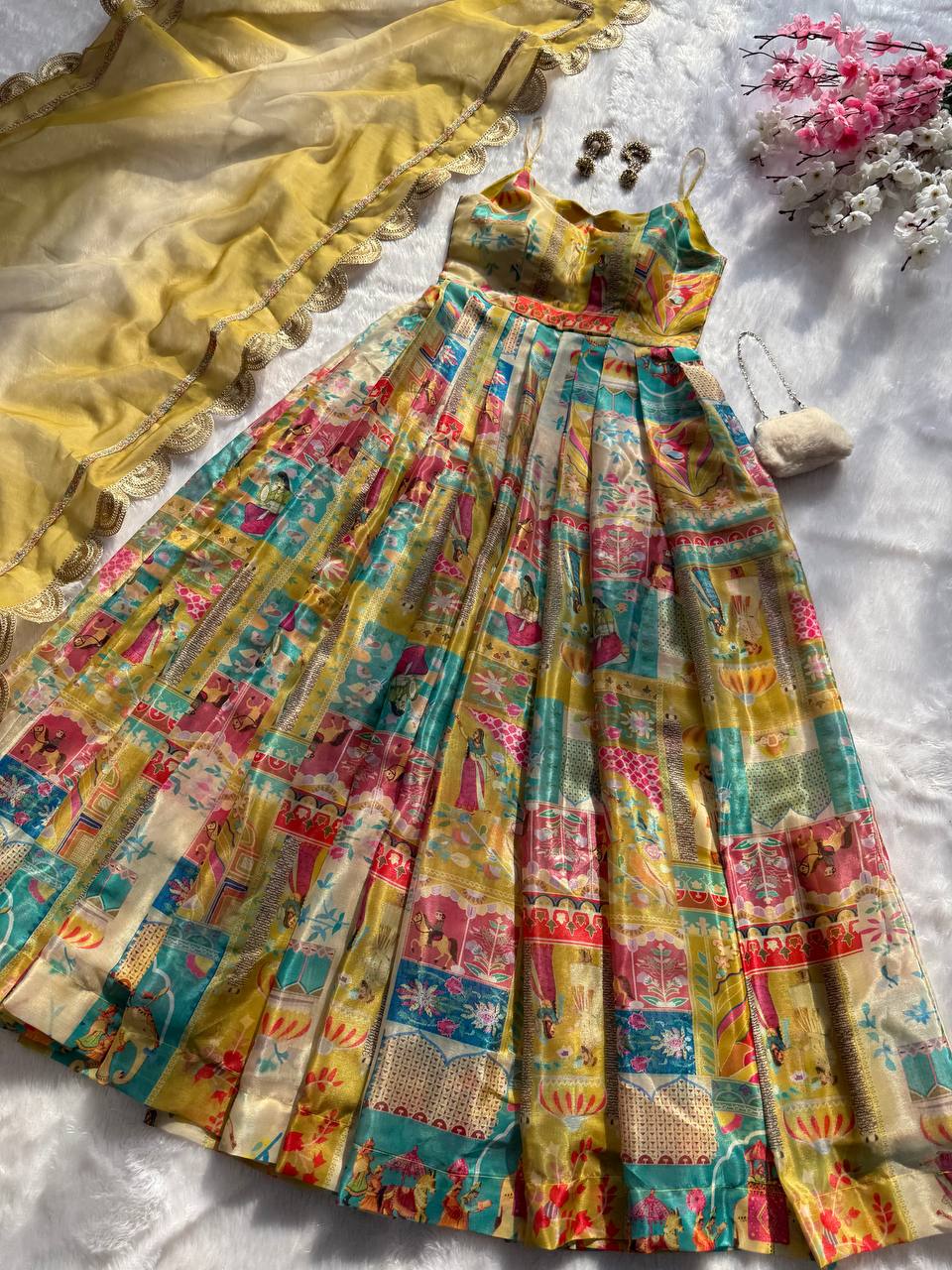 Pure organza silk digital printed padded gown