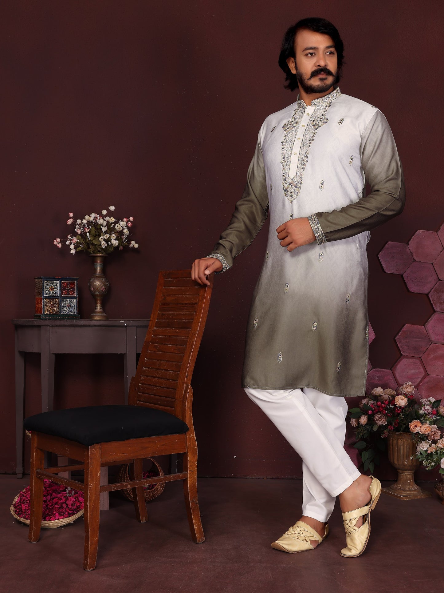 Premium Cotton Silk With Embroidery sequins work Men's Kurta
