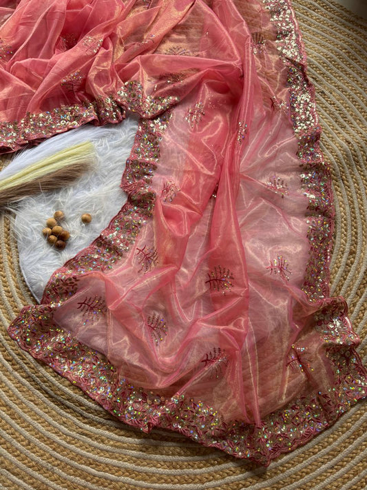 Pure Tissue silk saree in a solid color with embroidery viscos saree
