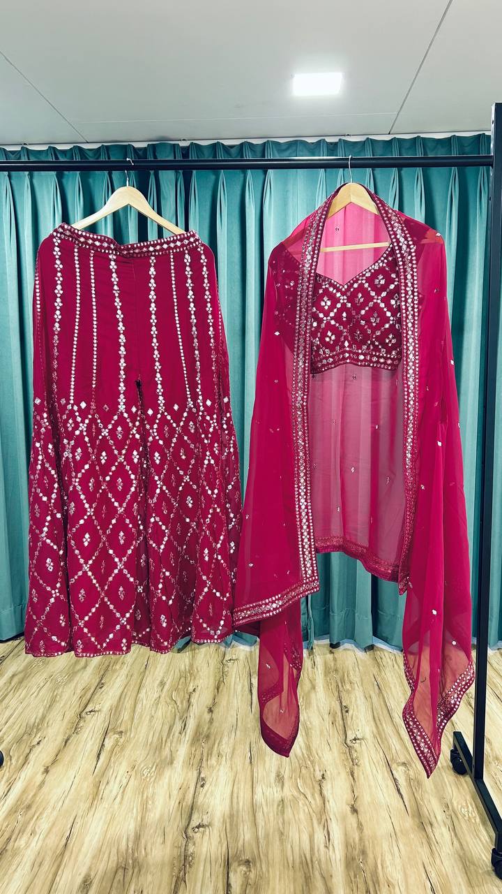 Georgette plazo with foil mirror work & thread work Lehenga