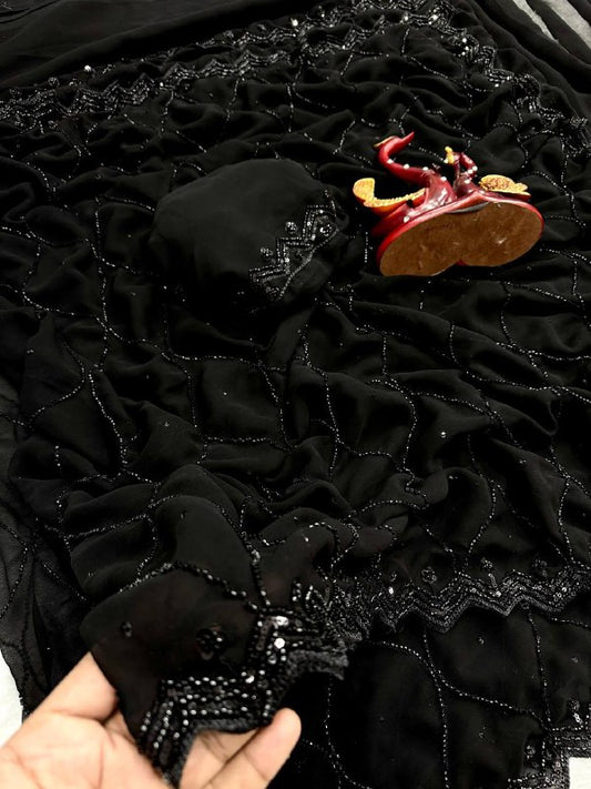 Sari en soie Rangoli noir de qualité supérieure