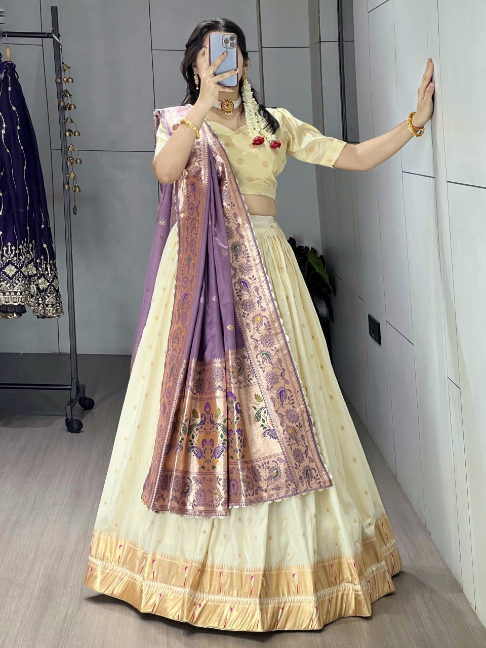 Paithani Silk Zari Weaving Work With Border and Butti Lehenga Choli