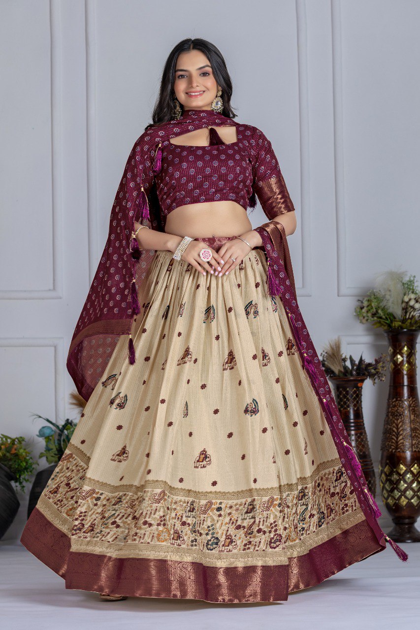 Heavy Lichi Fabric WIth Jacquard Border Lehenga