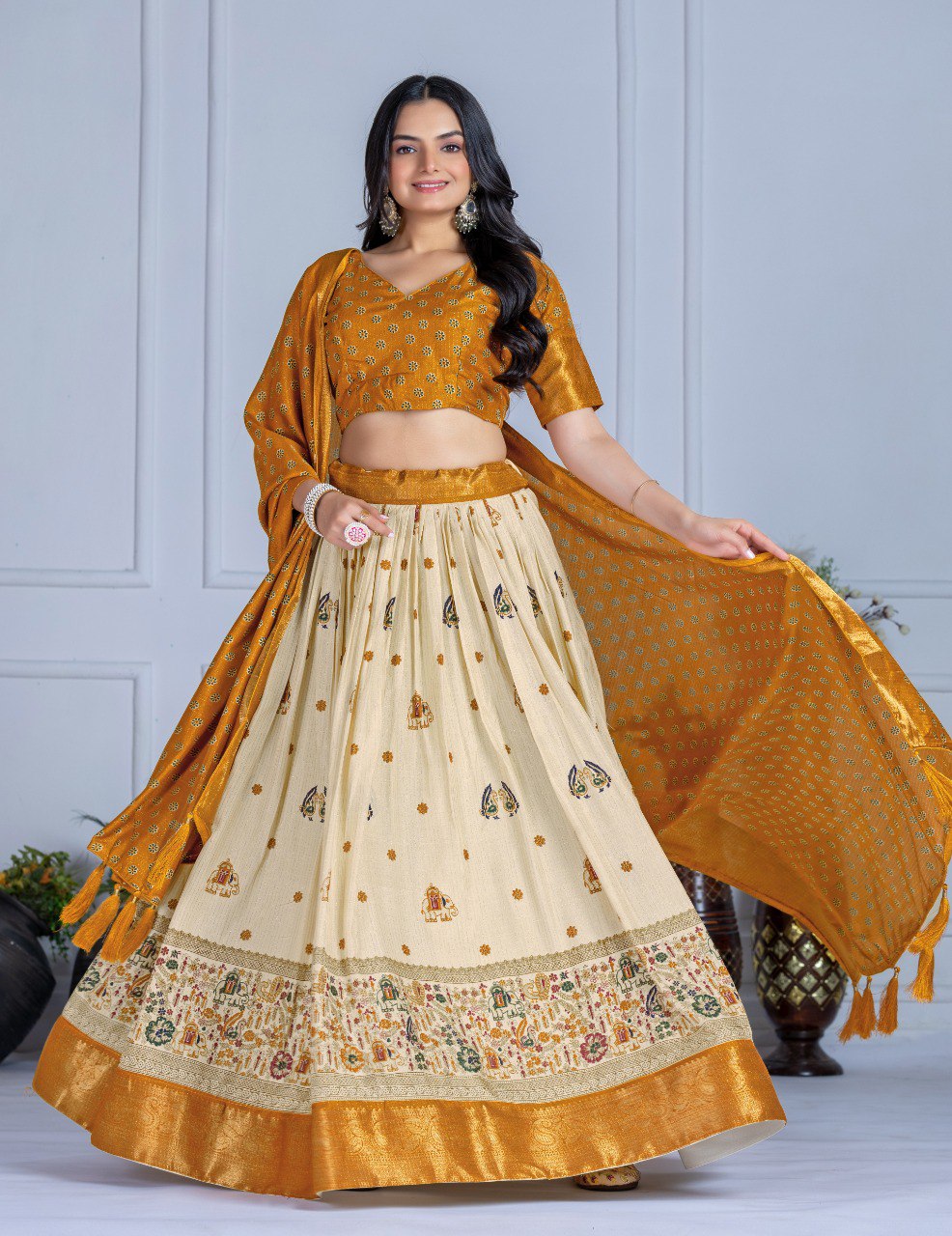 Heavy Lichi Fabric WIth Jacquard Border Lehenga