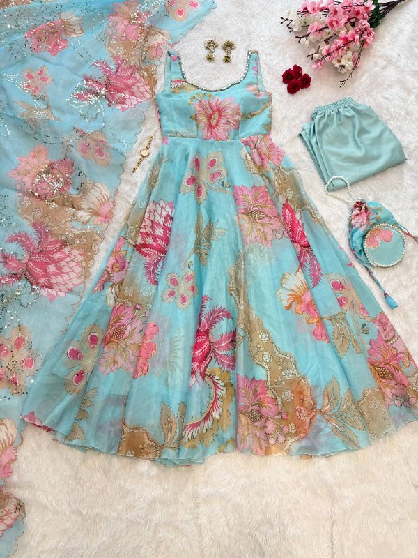 pure organza silk digital printed padded anarkali