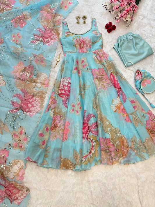 pure organza silk digital printed padded anarkali