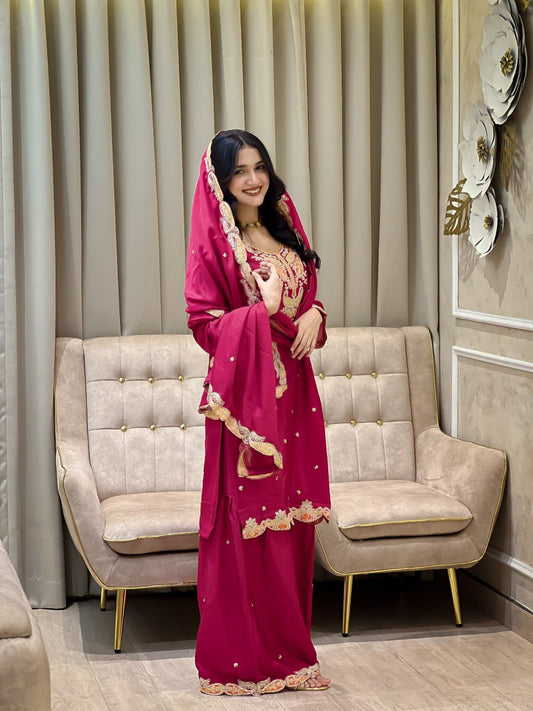 NEW DESIGNER HEAVY EMBROIDERY WORK ON SILK FABRIC TOP SHARARA