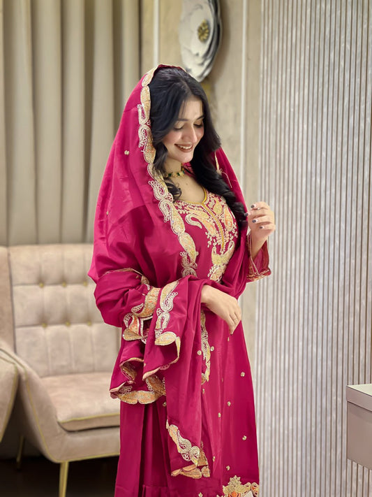 NEW DESIGNER HEAVY EMBROIDERY WORK ON SILK FABRIC TOP SHARARA