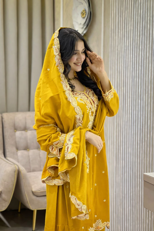 NEW DESIGNER HEAVY EMBROIDERY WORK ON SILK FABRIC TOP SHARARA