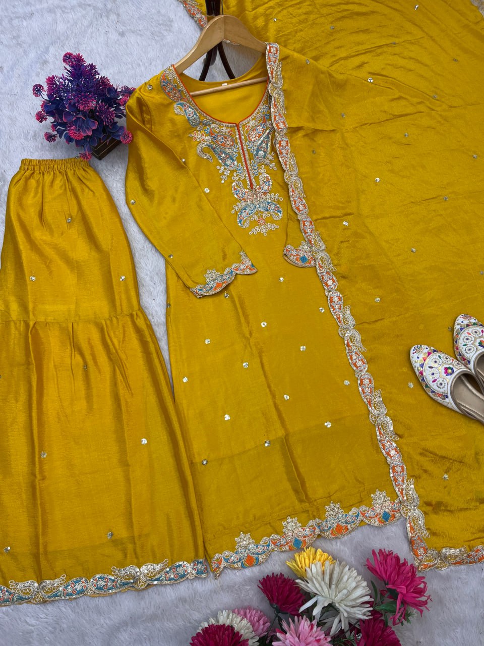 NEW DESIGNER HEAVY EMBROIDERY WORK ON SILK FABRIC TOP SHARARA