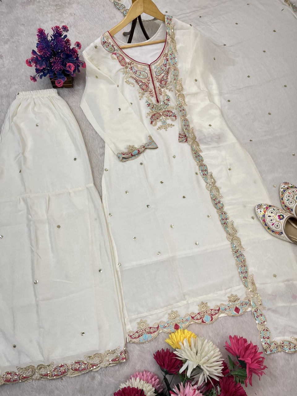 NEW DESIGNER HEAVY EMBROIDERY WORK ON SILK FABRIC TOP SHARARA