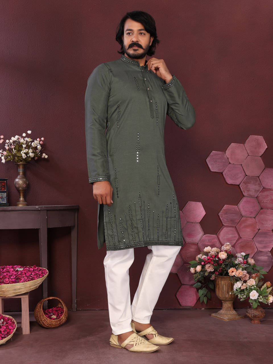 Premium Smart Silk With Embroidery Mirror work Men's Kurta